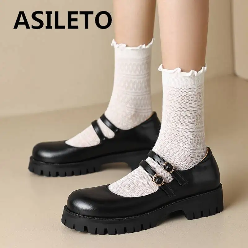 ASILETO Female Flats Round Toe Thick Heels Double Buckle Strap Large Size 40 41 42 Mary Women Shoes Sweet Preppy Style