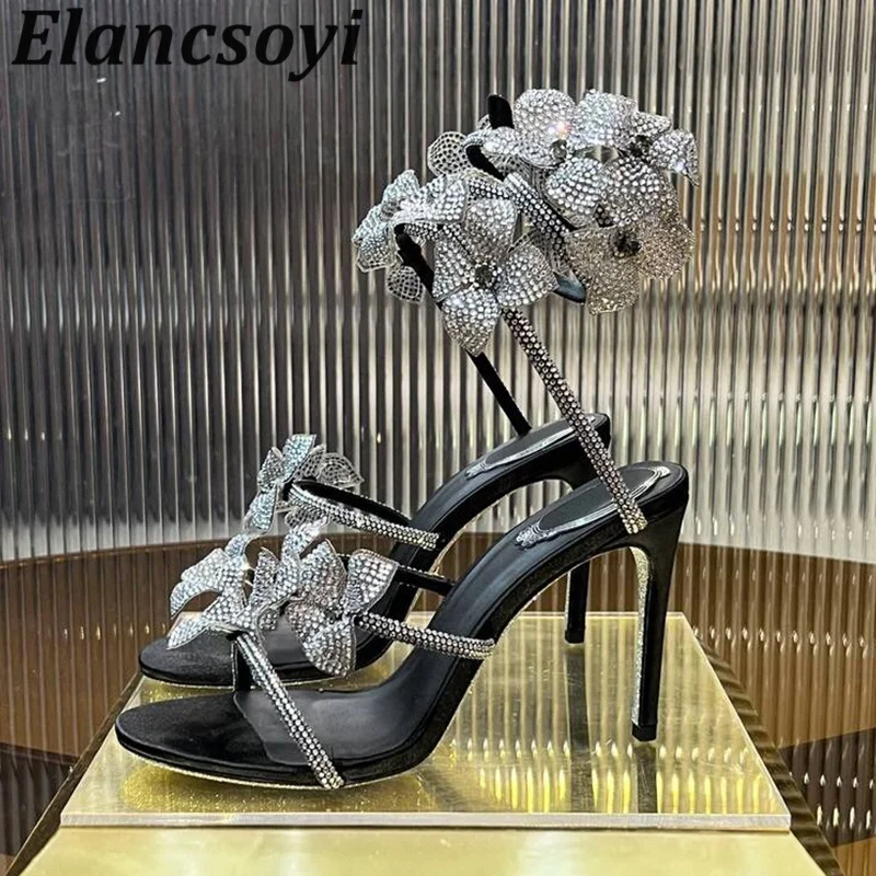 Sandalia Women Snake Shaped Winding Thin Heels Gladiator Shiny Rhinestone Flower High Heels Sandals  Fashion Party Wedding Shoes