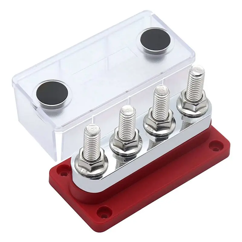 ABAE-3X 600A Bus Bar 4-Stud (3/8 Inch) M10 High Current Copper Busbar Terminal Block Marine DC 12V 24V 48V With Cover(Red)