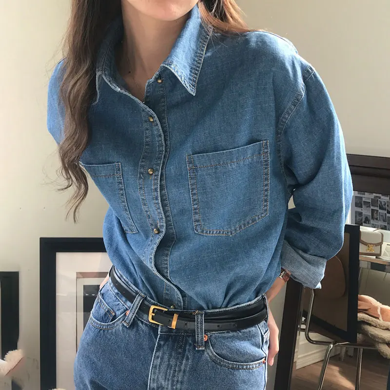 Csa vaquera hoada de manga larga con cuello abotonado para mujer, Vintage Chic, moda de primavera 2023, versátil, con do...
