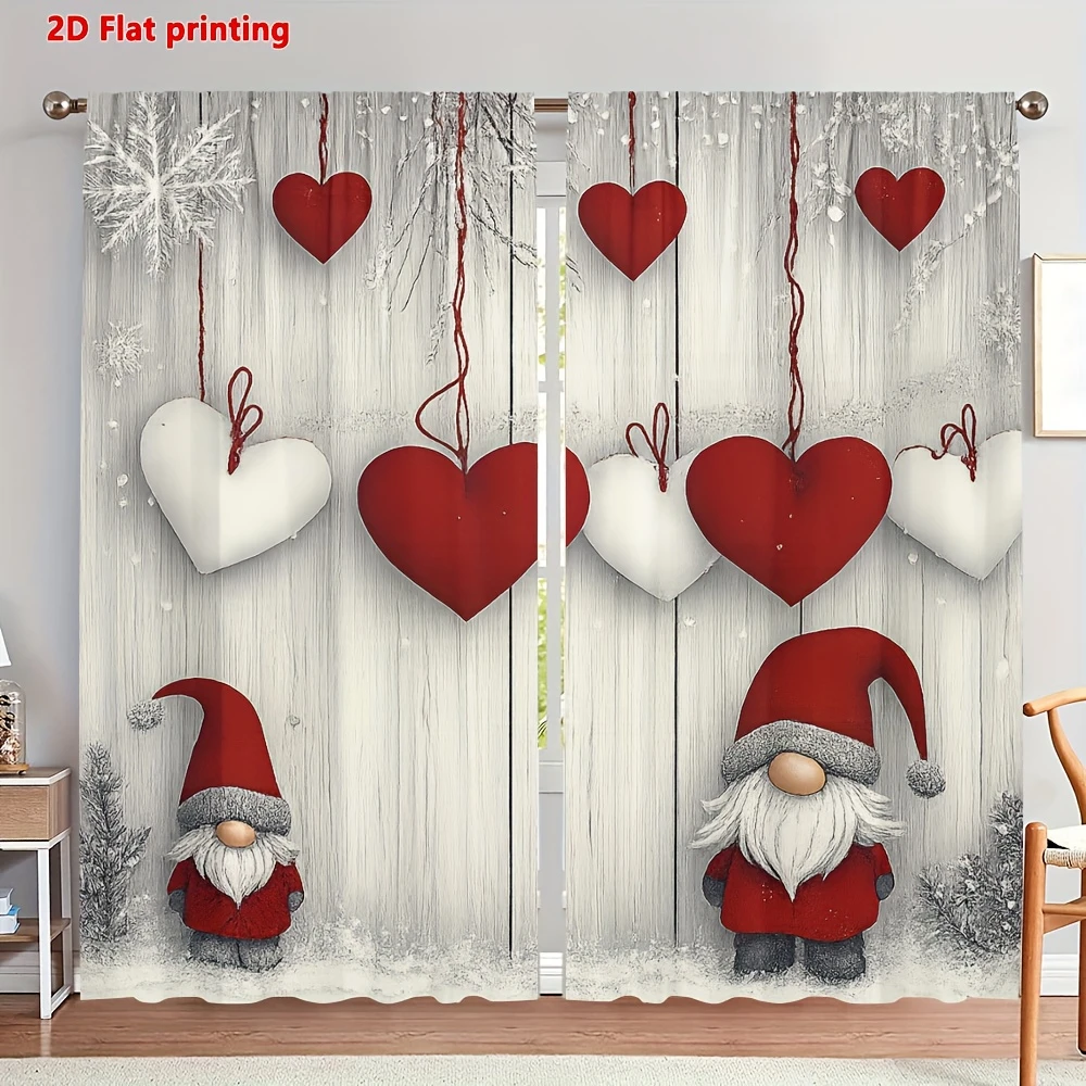 Christmas Gnome Red White Heart Curtains, Rod Pocket, Polyester, Home Decor, Bedroom Living Room, Cute Home Decor, Home Decor