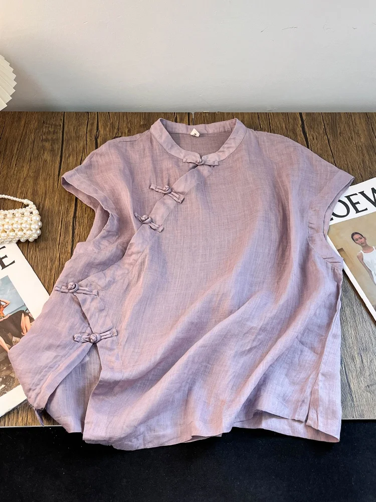 جديد الصينية Sle المرأة الكتان irt الصيف خمر الوطنية Sle غير المتكافئة هملين تحسين أعلى زر التفاصيل #1