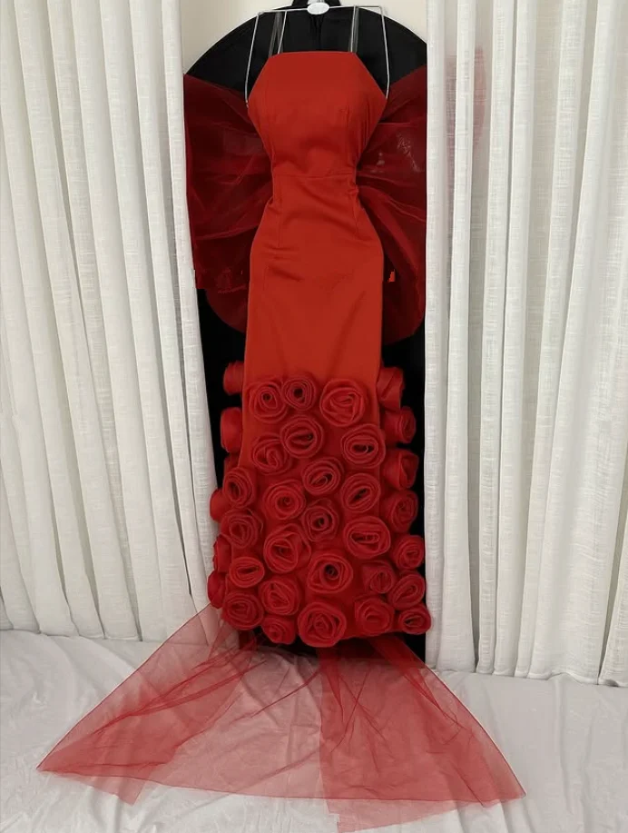 オレンジロングマーメイドイブニングフォーマルドレス手作りローズ花柄スカート大きなリボンストラップレスウエディングドレス Pastrol Unis カスタマイズ