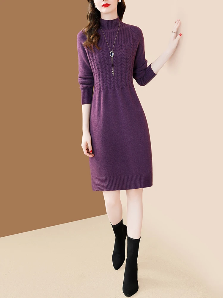 EVNISI 100% lana Merino abito in maglia elegante mezzo collo alto inverno Slim viola abiti da festa fondo abiti in Cashmere 2023