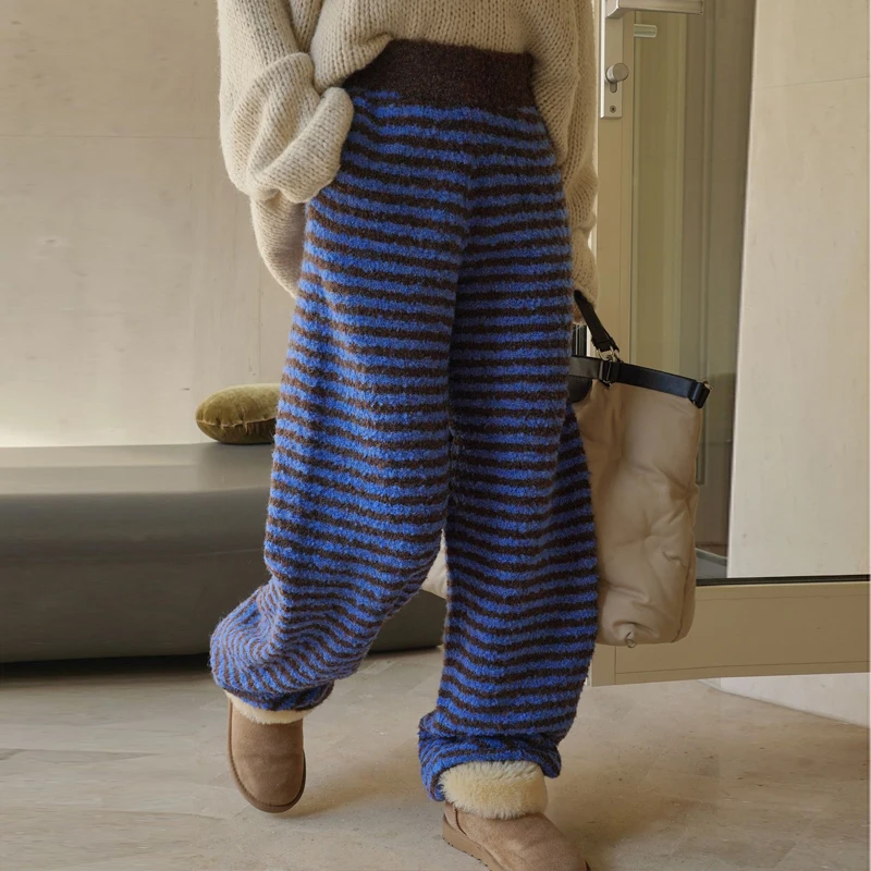 

Johnature Winter New Korean Lazy Casual Contrasting Striped Wool Knit Pants Loose Thickened Warm Casual Full Length Pants 2024