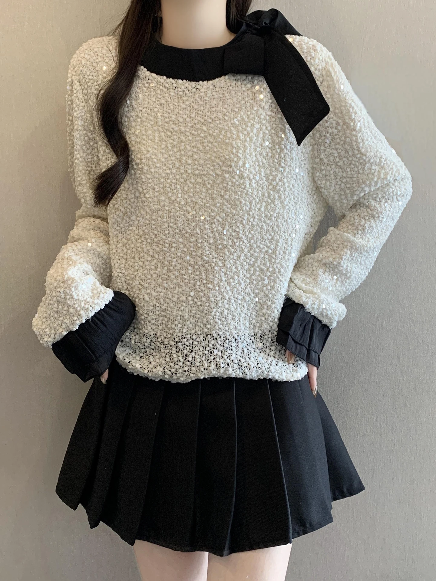 

Beautiful Knot iny Sequin Women's irt Early Spring plus Size Slimming Faionable Small Top Korean Sle Long S...