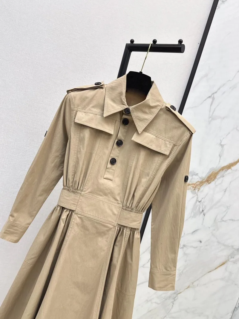 2024 Autumn New Women's Dress Fashionable and Exquisite Khaki Dress Classic Single breasted Elastic Waist A-line Dress