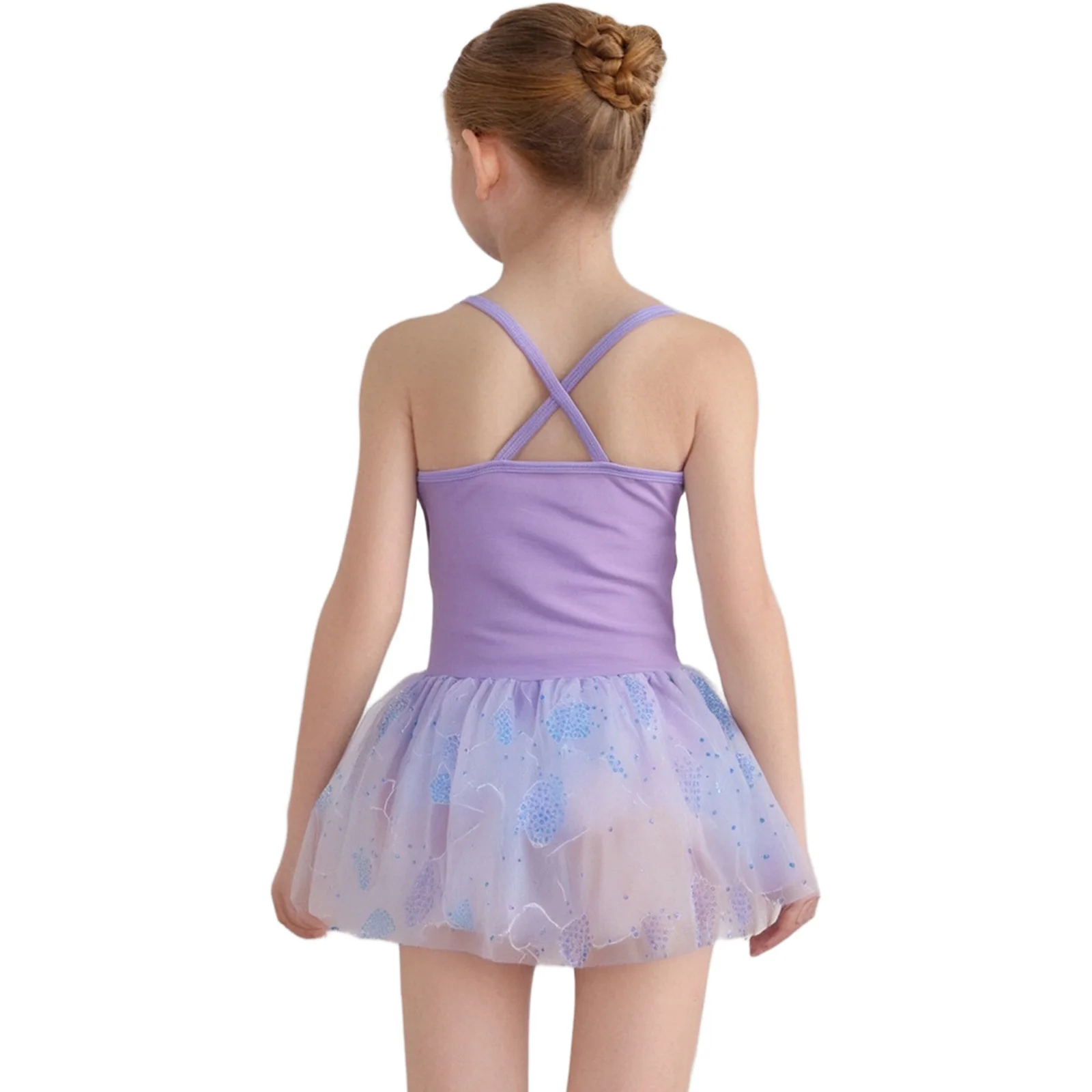 Gaun Leotard Dansa Balet Anak Perempuan Gaun Tutu Bordir Kupu-kupu Payet Punggung Silang Tanpa Lengan Kostum Kompetisi Panggung