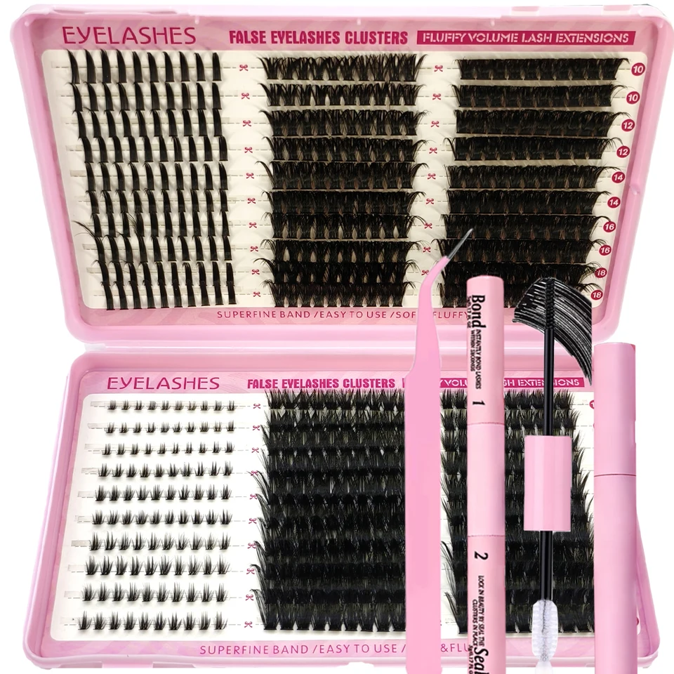 Kit de extensiones de pestañas DIY de 60 filas, clusters individuales, estilos mixtos 10-18mm con bond y seal, herramienta de maquillaje 3
