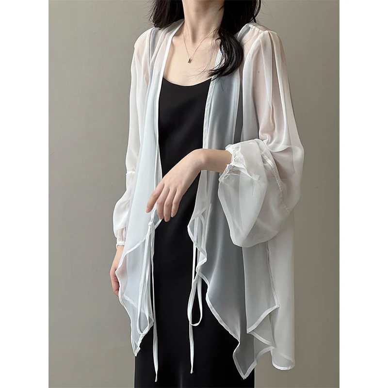 Elegant White Chiffon Shirts Women Fashion V Neck Long Sleeve Blouses Summer Ladies Korean Black Bandage Sun Protection Tops New