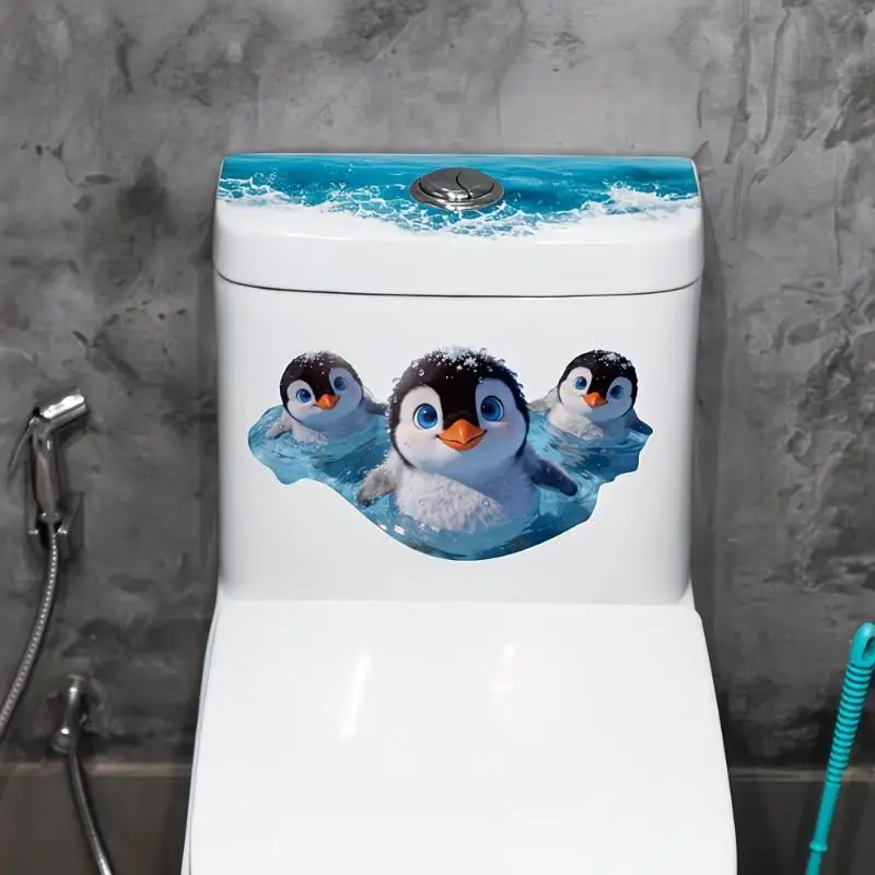 Cute Penguin Toilet Sticker Waterproof Easy to Paste Removable Wall Decal for Bathroom Toilet Home Decoration