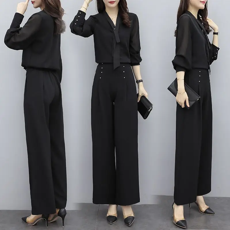 Tie Decoration Style Long Sleeve Chiffon Shirt Casual Wide Leg Pants Two Piece Set Elegant Women's Pants Set Office Outfits