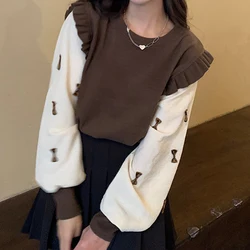 Vintage Patchwork Ruffles Knitted Sweater for Women Brown Sweet Bow O-Neck Pullover Korean Lantern Sleeve Top