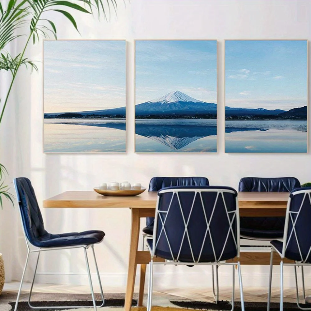 2D Flat 3pcs Unframed Wall Canvas Print Set Mt Fuji at with Reflection Nature Wilderness Photography Modern Art Southwest Sce