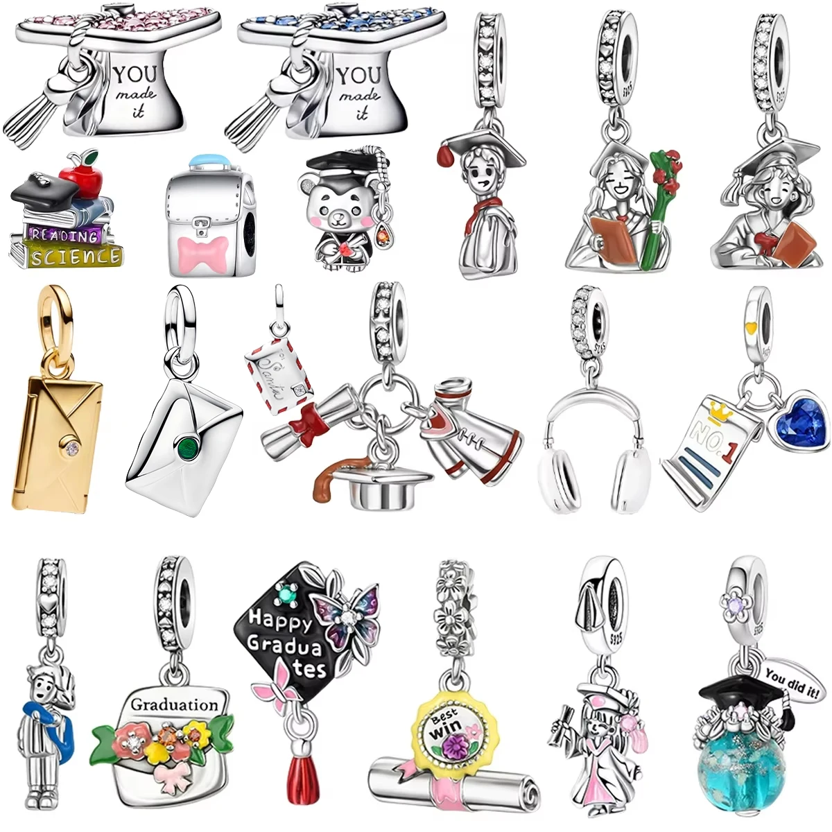 Original 925 Sterling Silver Charms Graduation Season Mortarboard Beads Pendant Bracelets Necklaces Women DIY Jewelry Gift