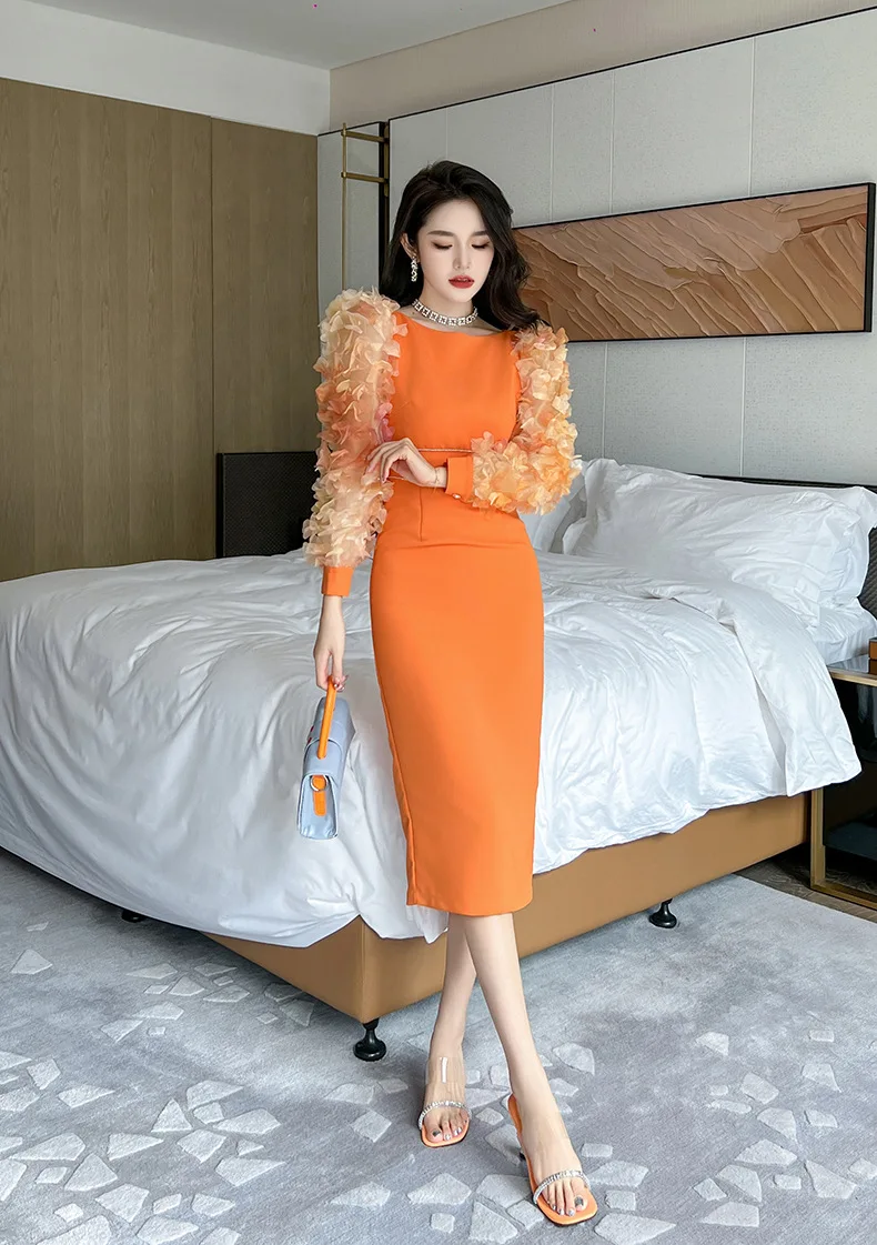 Autumn new women's French round neck lantern sleeve slim fit design orange dress