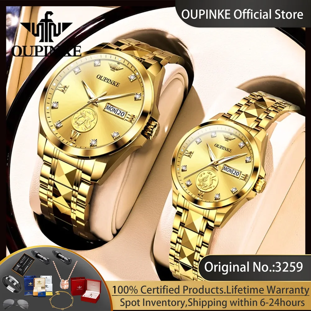 OUPINKE 3259 Real Gold Couple Watch Japan Automatic Mechanical Watch for Men Women High Quality Luxury Original Lover Wristwatch