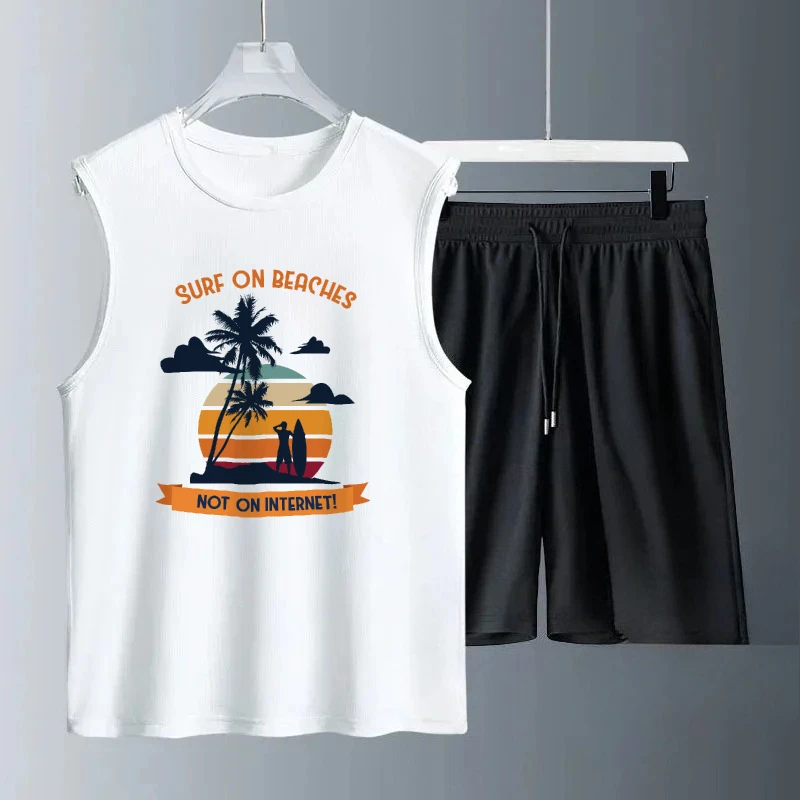 

Лето 2025 г., повседневная одежда, мужские комплекты с пляжным облачным принтом на закате, повседневные удобные легкие спортивные костюмы без рукавов для мужчин