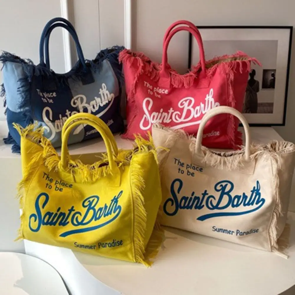 Fashion Tassel Design Women Canvas Bag Large Capacity INS Casual Shoulder Bag Simple Style High Quality Beach Tote Bag Vacation image 4