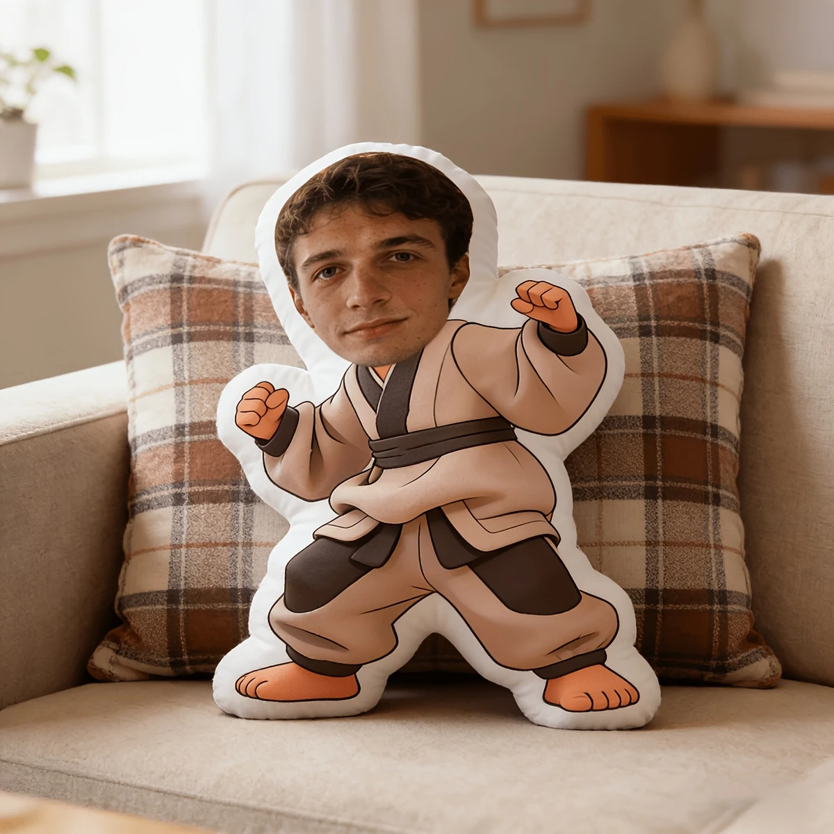 A Customized Personalized Throw Pillow Featuring a Taekwondo-themed Design with Your Own Face. A Unique and Distinctive Gift for