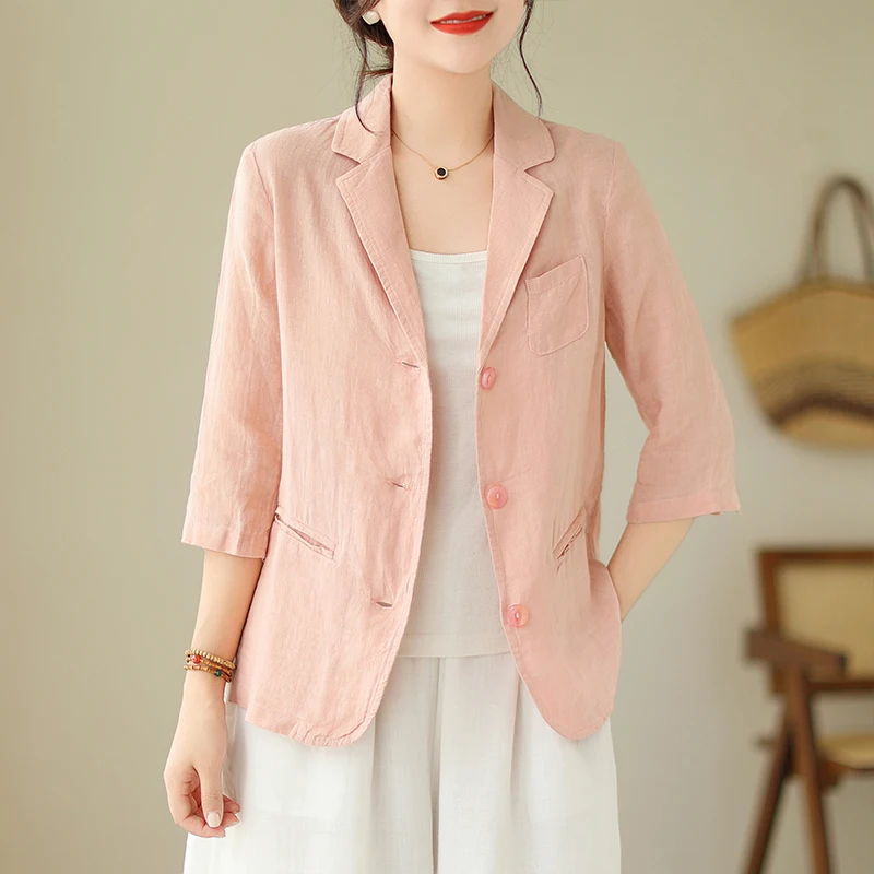 เสื้อคลุมผ้าฝ้ายลินินสำหรับผู้หญิง สไตล์ลำลอง ใส่สบาย เหมาะกับฤดูร้อน ความยาวเจ็ดส่วน ทรงหลวม สไตล์ตะวันตก ไซส์เล็ก