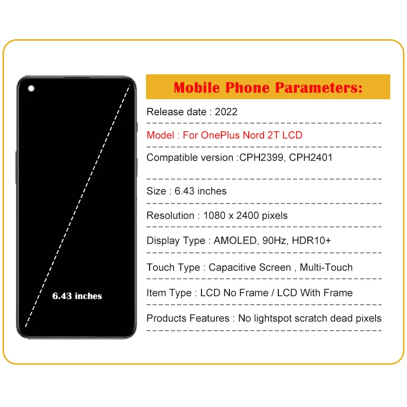 6.43 ''AMOLED ل OnePlus Nord 2T الهاتف المحمول شاشة LCD عرض الجمعية شاشة تعمل باللمس لوحة ال سي دي استبدال