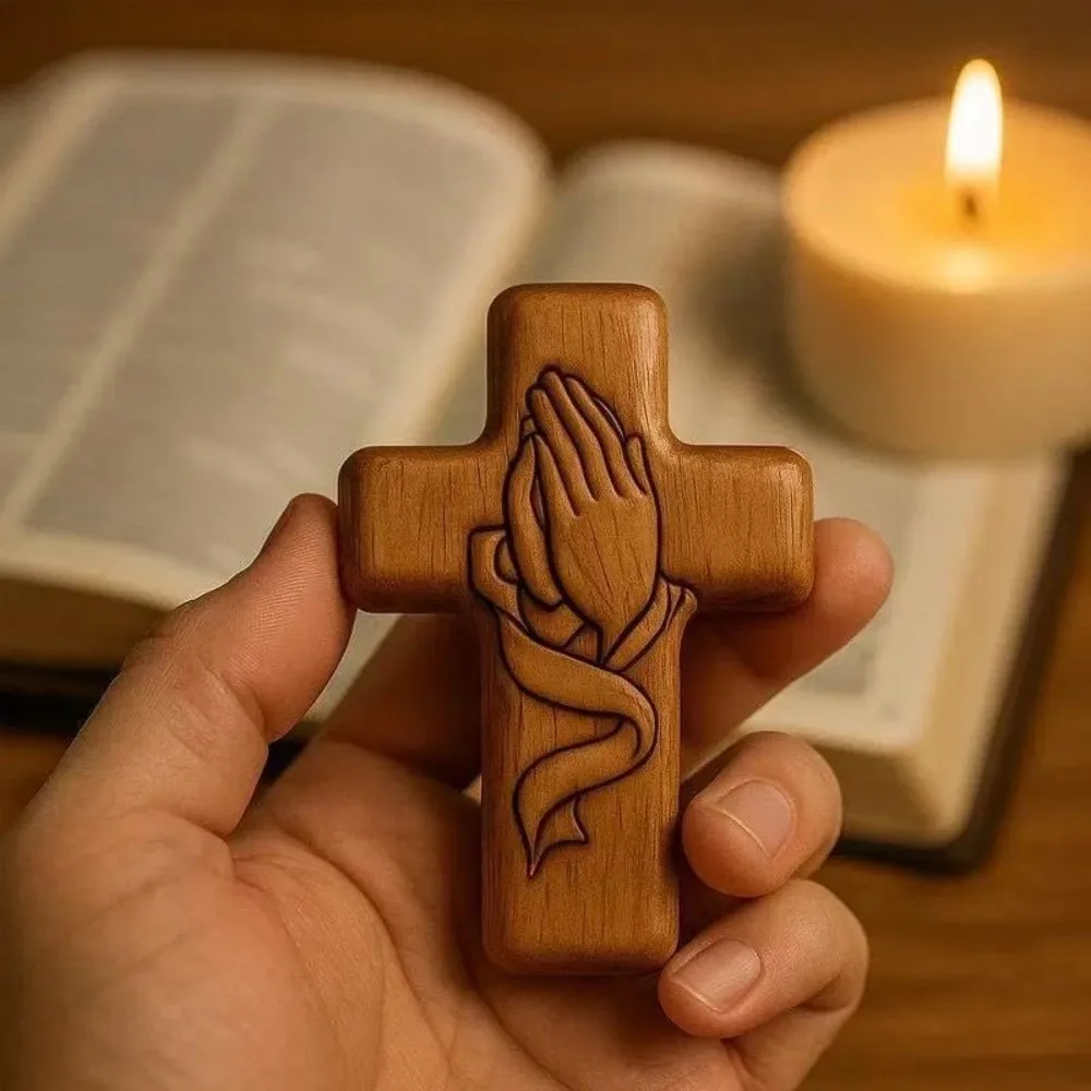 

Blessing Pocket Cross Statue Drawstring Bag Fingertip Relaxation Mini Wooden Cross Inspirational with Card Handheld Cross