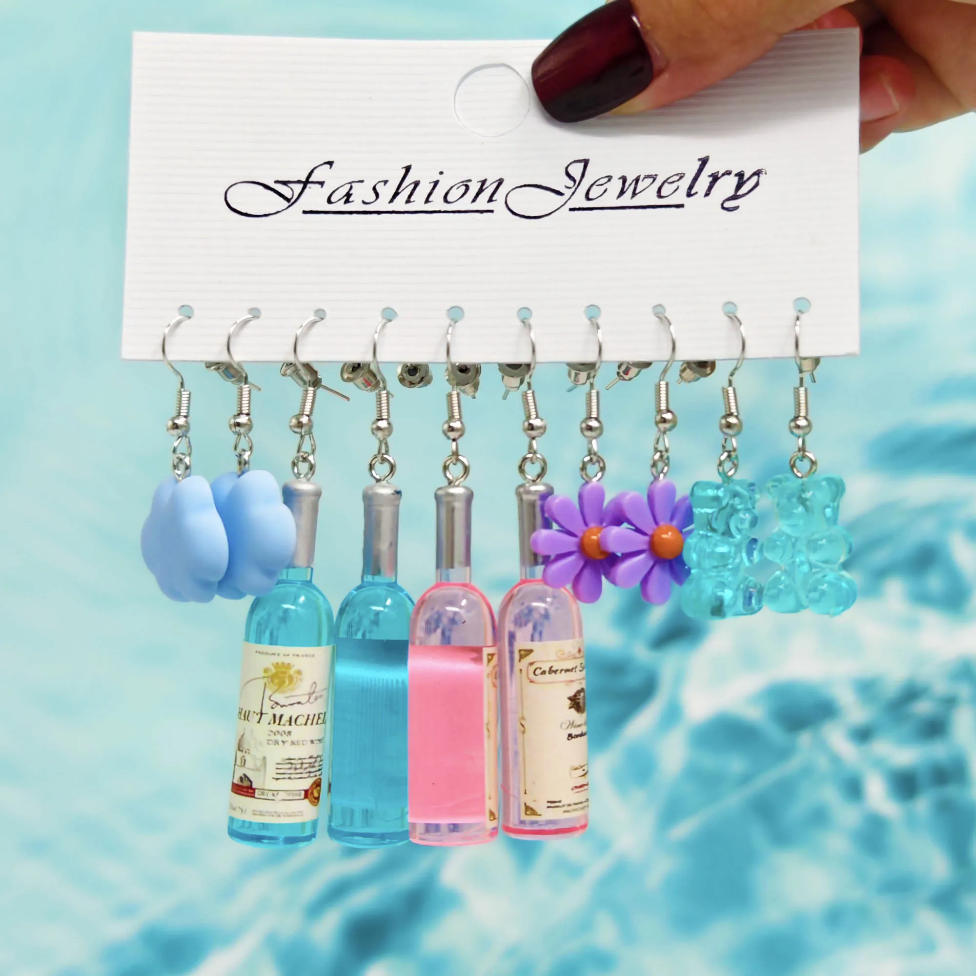 30pcs Cartoon Candy Color Matching Resin Earrings Wine Bottle Cherry Bear Color Palette Combination Set