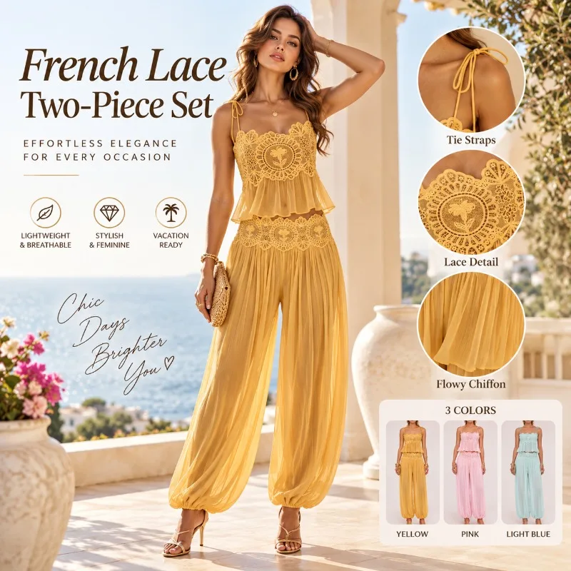 Women Boho Lace Chiffon Two Piece Set Tie Strap Crop Top Harem Pants Elegant Summer Vacation Beach Outfit