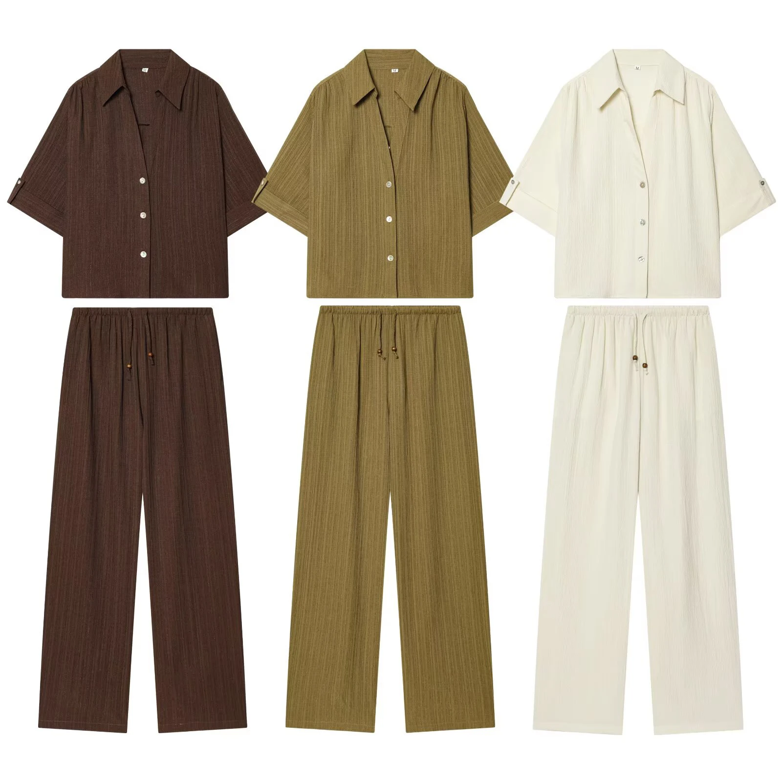 2026 Sommer Damen-Set: Lässiges Hemd mit Kragen und kurzen Ärmeln sowie lange, gerade geschnittene Hose mit hoher Taille und elastischem Bund