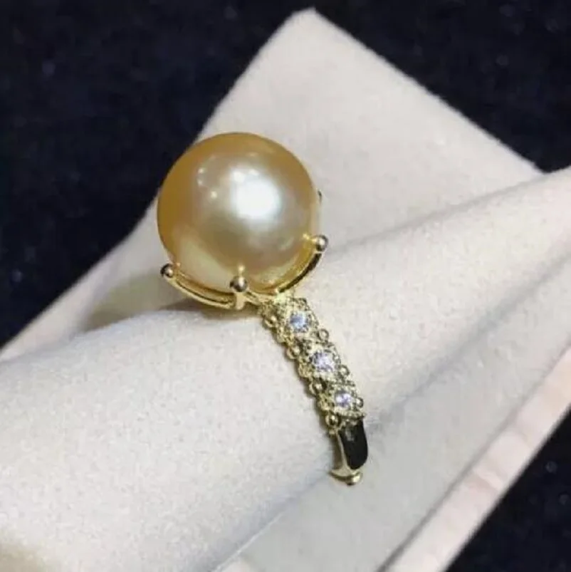 Huge AAAAA++++ 11-10mm Genuine Natural South Sea Golden Round Pearl Ring 925s