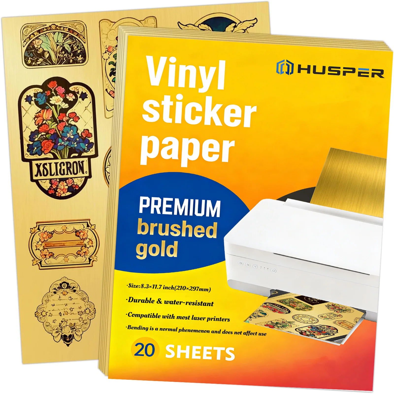 20 SHEETS Striped gold holographic printable sticker paper, vinyl printable sticker waterproof A4 size limited to laser printers