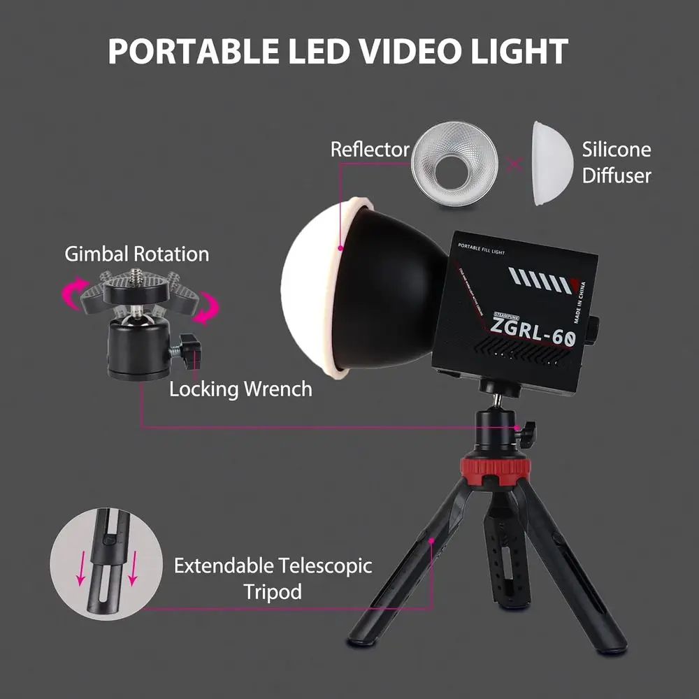 60W COB LED Video Light Handheld Portable with 8000 mAh Battery Dual-Color Photography Lighting Spotlight or Studio, Streaming,
