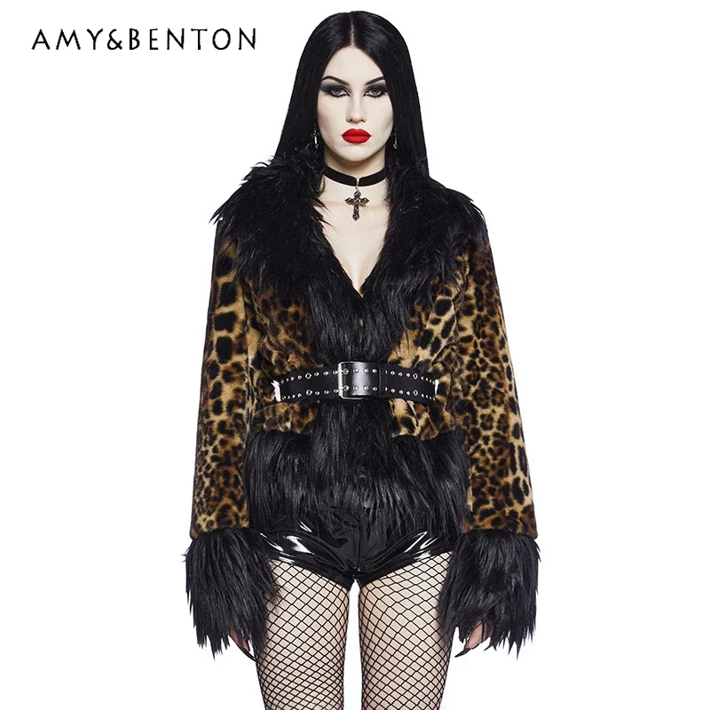 

European American Hot Girl Autumn Winter Women's Coat Original Sexy Leopard Print Furry Long Plush Collar Faux Fur Jacket Ladies
