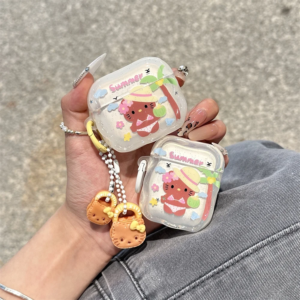 Koreanische INS Fashion Glitter Hello Kitty Kopfhörerhülle für Airpods 4 3 2 Airpods Pro 2 Fundas mit 3D-Charm-Kopfhörer Niedliche Hülle