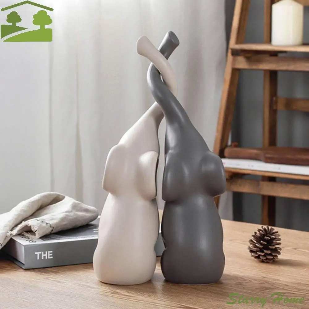 2 Sets of Couple Ornament Animal Couple Elephant Ceramic Abstract Elephant Sculpture Double Elephant Bedroom