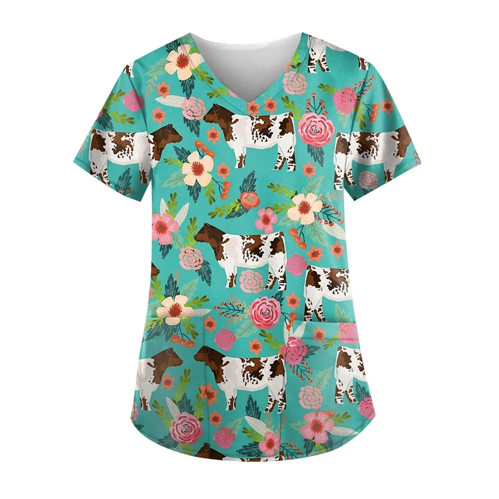 Clinical Uniform Woman Cute Cartoon Print Cute Cartoon Print Dental Medico Tops V-Neck Short Sleeve Tees Surgical Uniform Woman