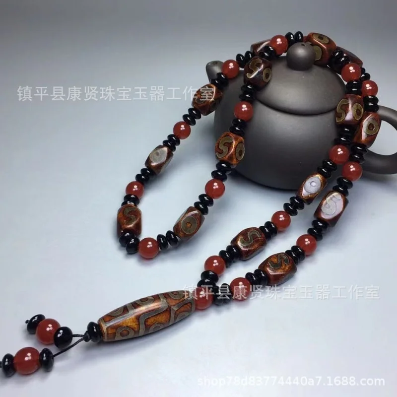 

nine-eye dzi bead necklace with money hook agate pendant, Tibetan-style Buddhist beads, unisex sweater chain accessory