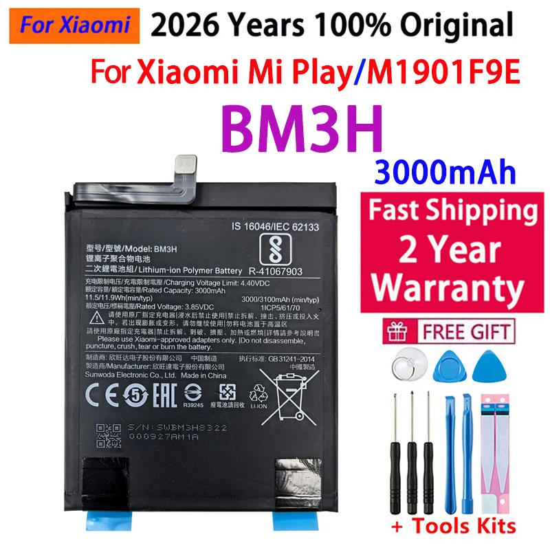 

2026 Years 100% Original BM3H Battery For Xiaomi Mi Play / M1901F9E Phone Batteries 3000mAh Fast Shipping