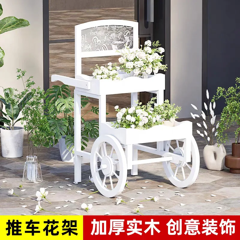 Pastoral wooden flower car flower rack, flower shop window decoration display rack, multi-functional retro cart ornament