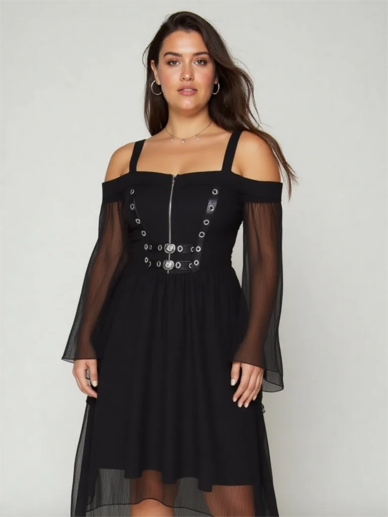 فستان ROSEGAL مقاس كبير على الطراز القوطي غير المتماثل مع أكمام مضيئة من الشيفون المزخرف بحزام من البولي يوريثان وإبزيم وسحاب عالي ومنخفض التصميم