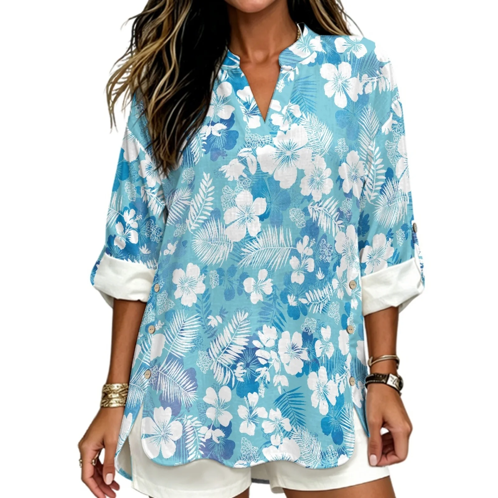PENSTROLL Tropical Floral Linen Style Long Sleeve Tops Loose Roll up Beach Tops for Women Sizes S-5XL for Business Wear