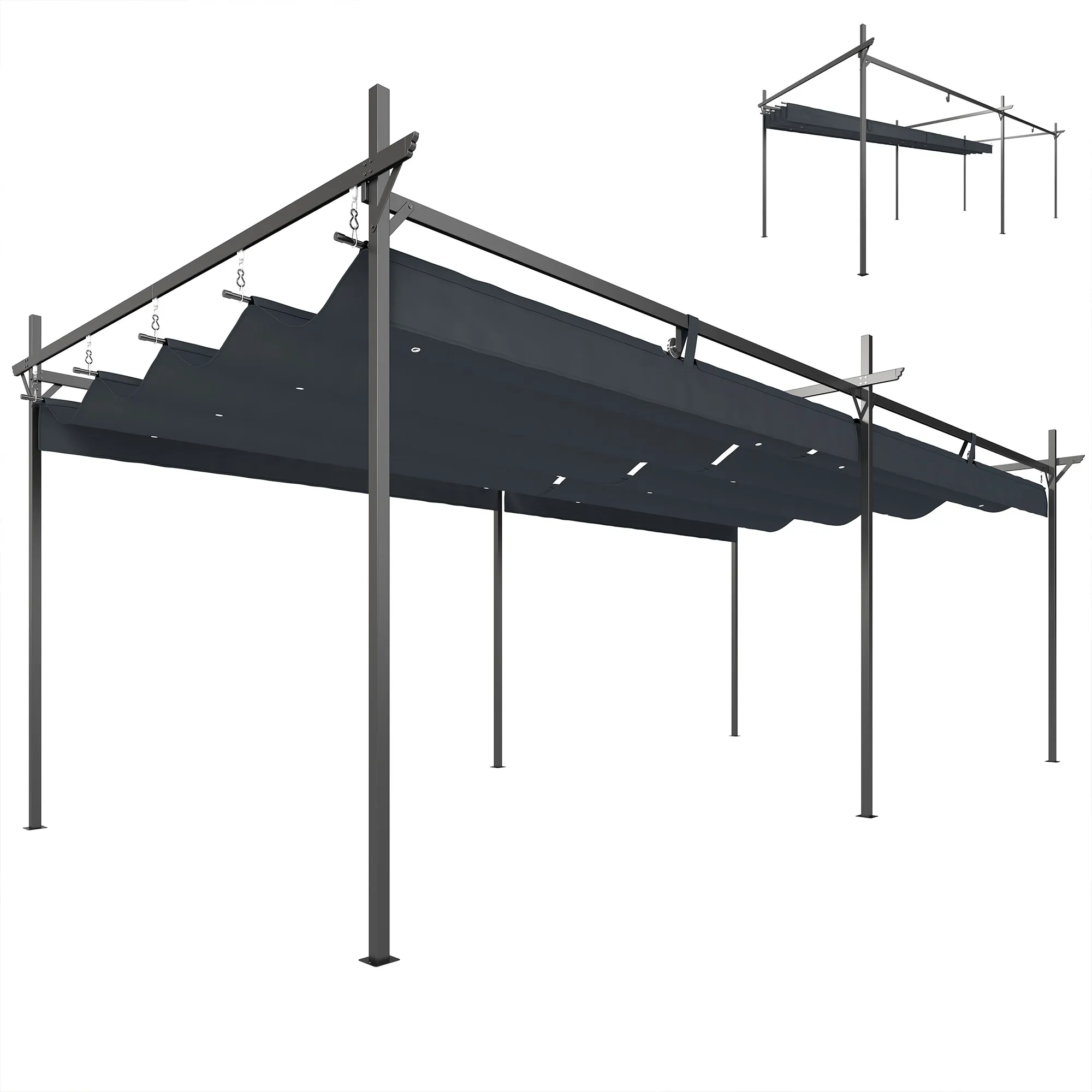 Pérgola de Jardín 6x3 m, Gazebo con Techo Retráctil de Poliéster Resistente a los Rayos UV, Color Gris Oscuro - Estructura Exterior