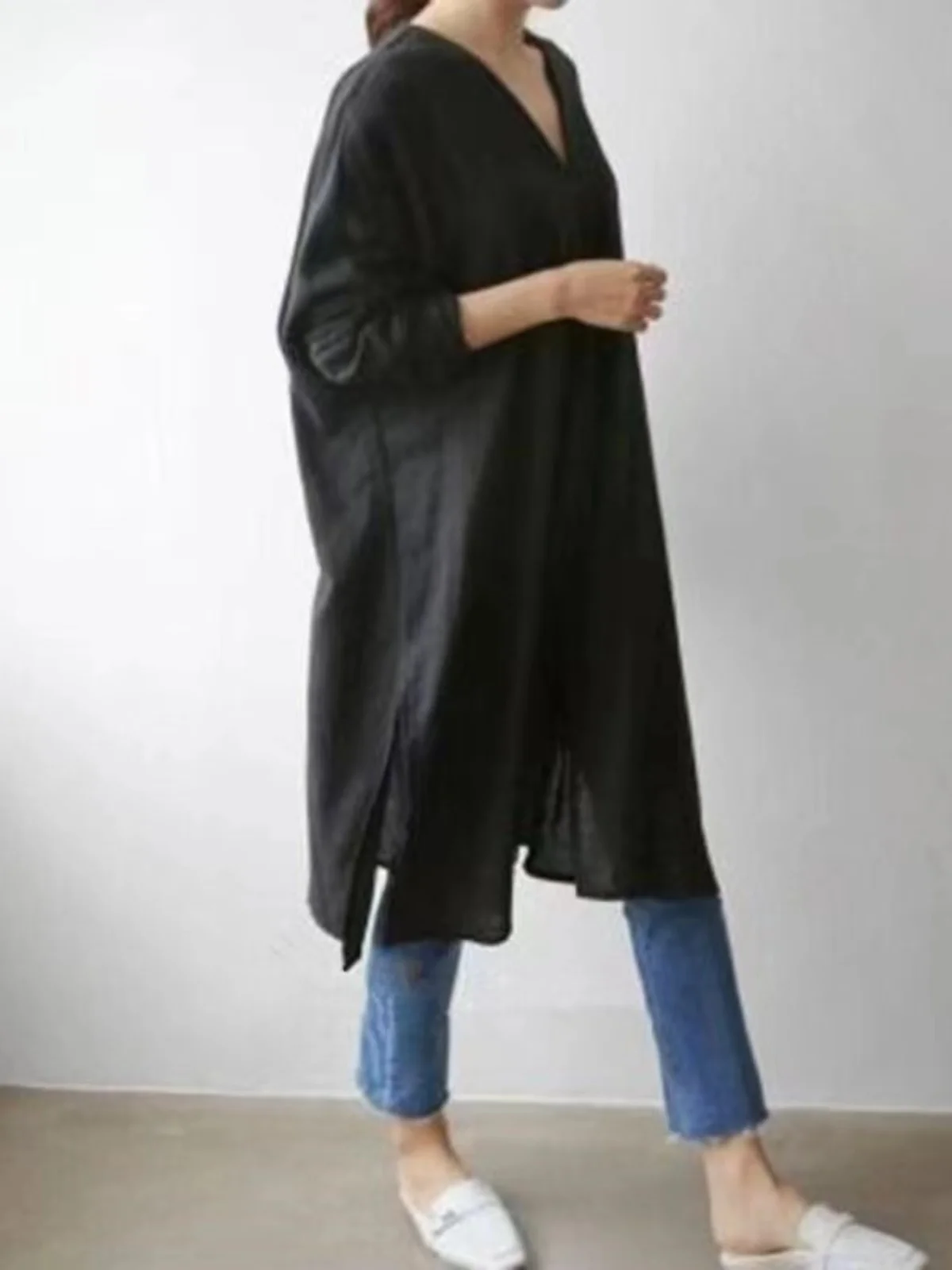 

Loose Long Sve V-Ne Side Slit irt Dr Simple Korean Sle mid Waist A-Line Midi Skirt Pure Color Commute Workwear