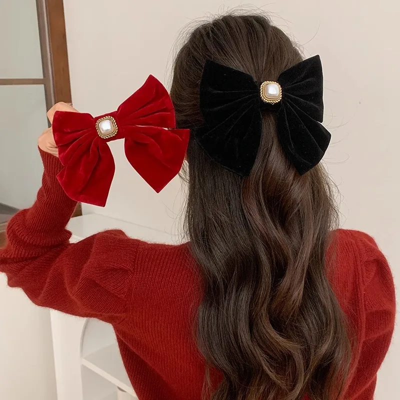 

Vintage Velvet Bowknot Hair Scrunchies Red Velvet Big Bow Hairpin Top Clip Elegant Ponytail Large Bows Hair Accessories
