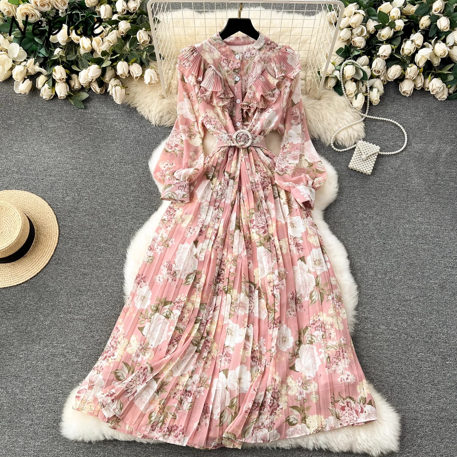 

Neploe French Style 2025 New Sweet Mujer Ruffles Slim Mid-length Print Casual Robe Chiffon Pleated Big Swing Elegant Moda Dress