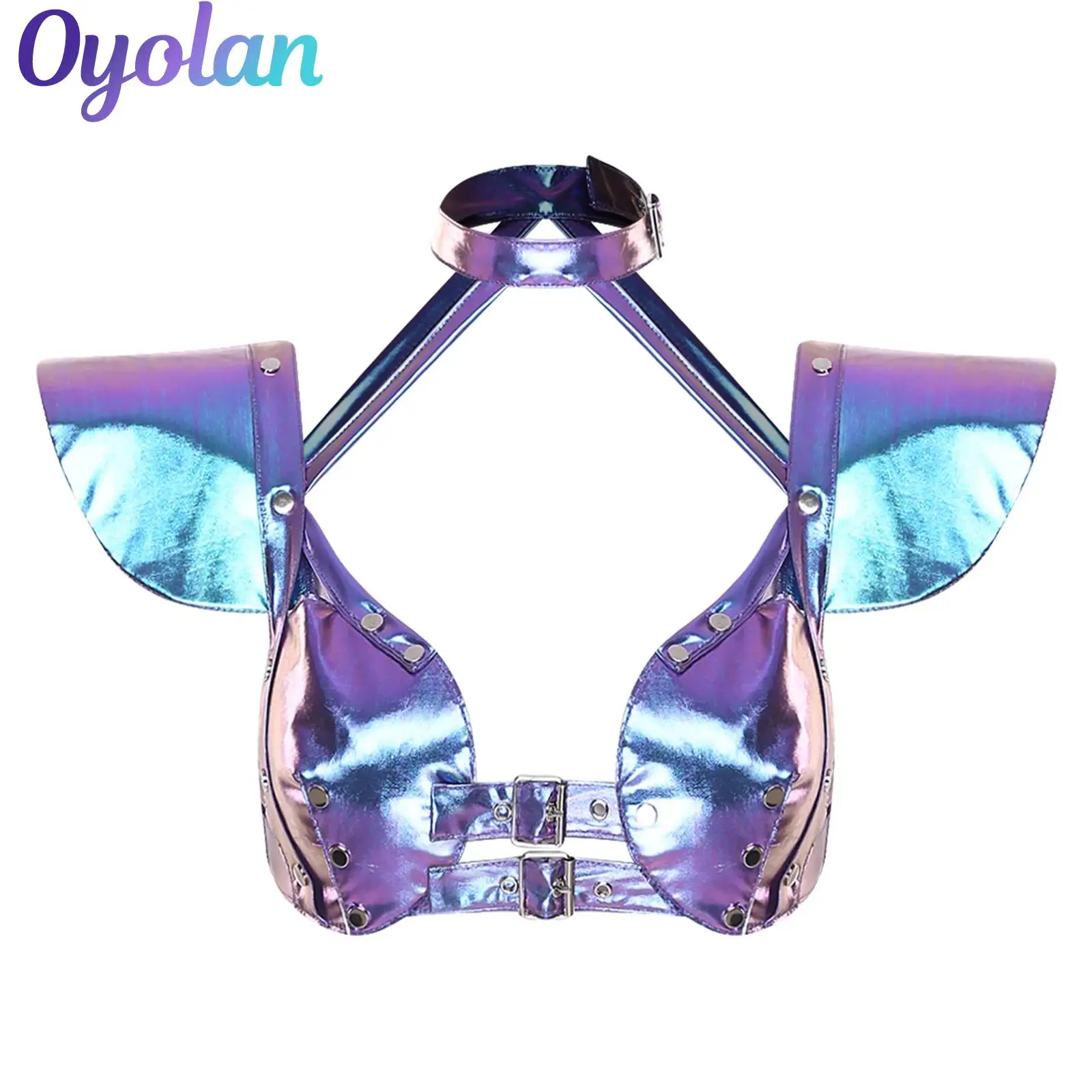 Womens Alien Astronaut Carnival Cosplay Costume Steampunk Gothic Shrug Metallic Shiny Crop Top Armor Buckles Corset Bustiers Top