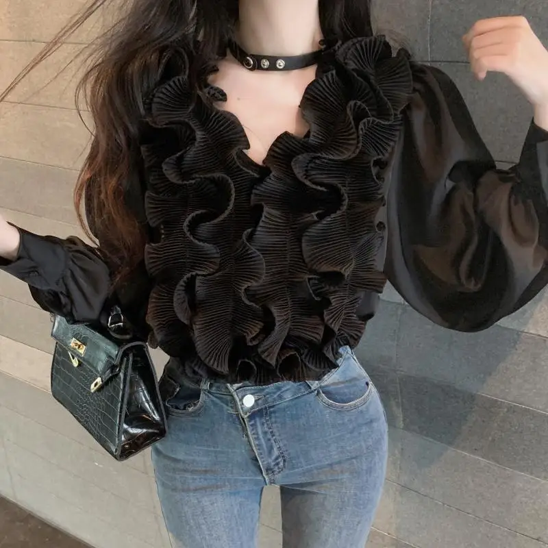 

Темпераментные женские топы, блузки для женщин, белые рубашки с v-образным вырезом и длинными рукавами, Blusas, свободная летняя блузка с оборками, TT1078