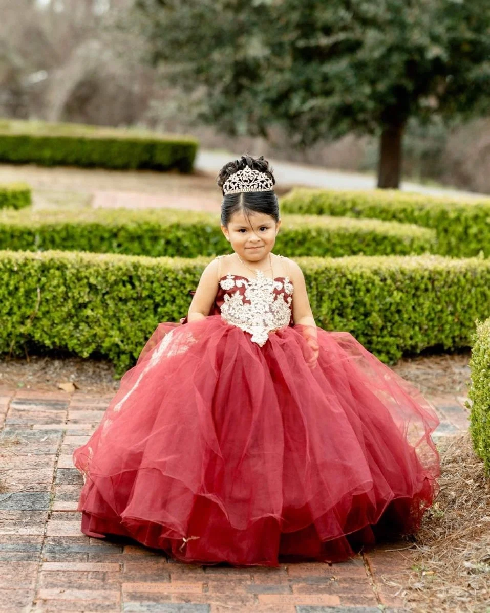 

Burgundy Gala Dress for Little Girls Wedding Party Ball Gowns Tulle Long Flower Girl Dress Birthday Special Hoemcoming Ball Gown