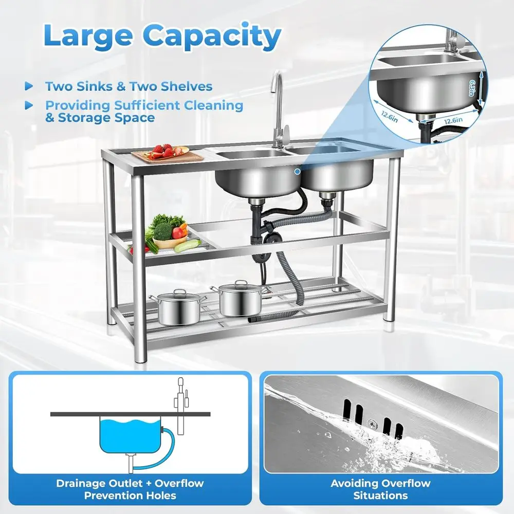 Free-Standing Stainless Steel Double Bowl Utility Sink with Hot/Cold Faucet and Storage Shelves for Commercial Use